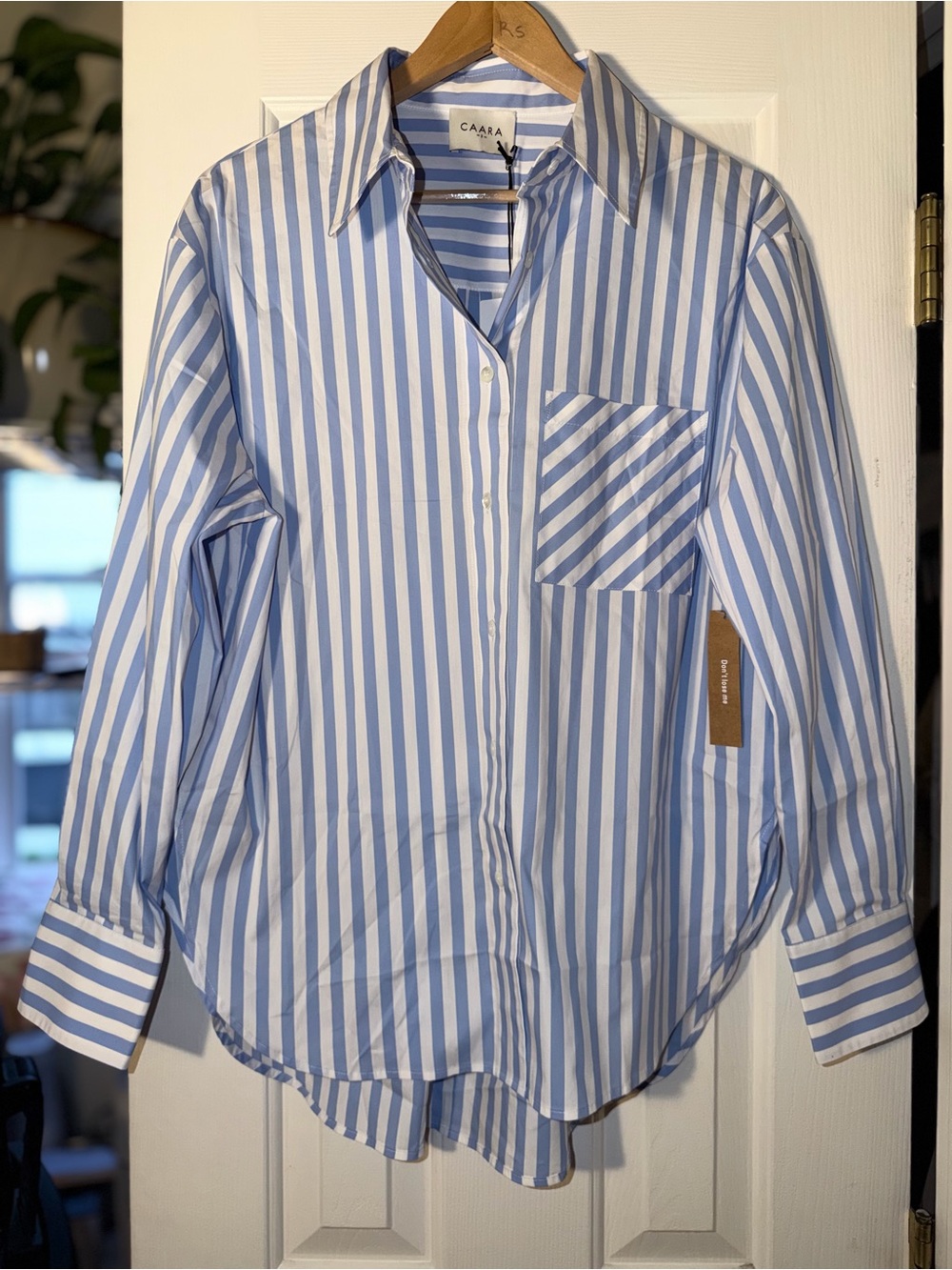 CAARA Delma Top NWT Small Blue White Stripe Oversized Button Down Shirt